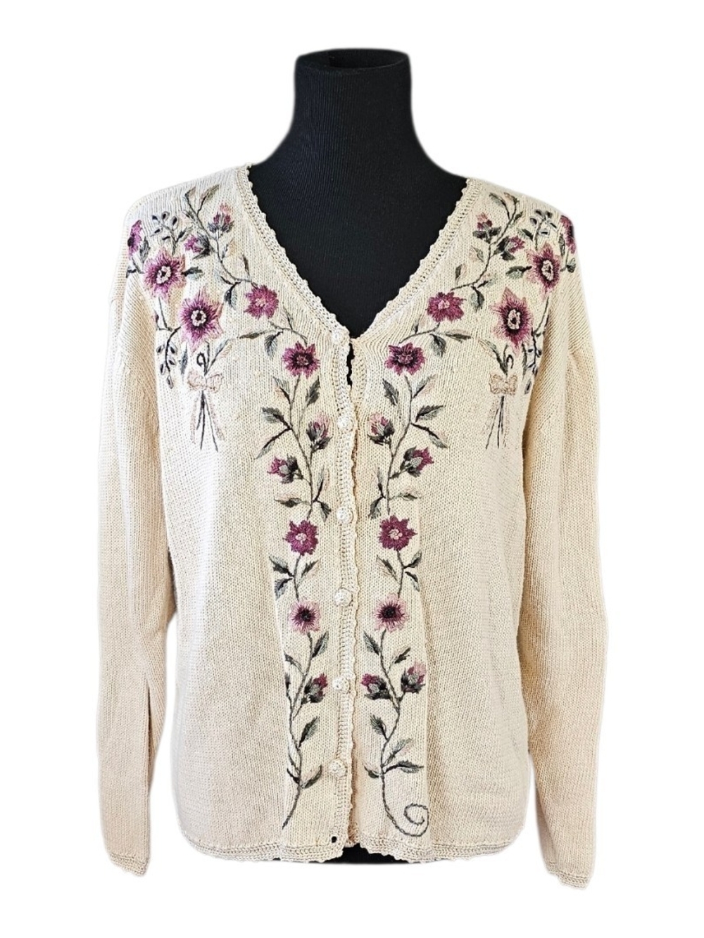 Erika Ramie Cotton Floral Embroidered Cardigan Cream Cottagecore Large